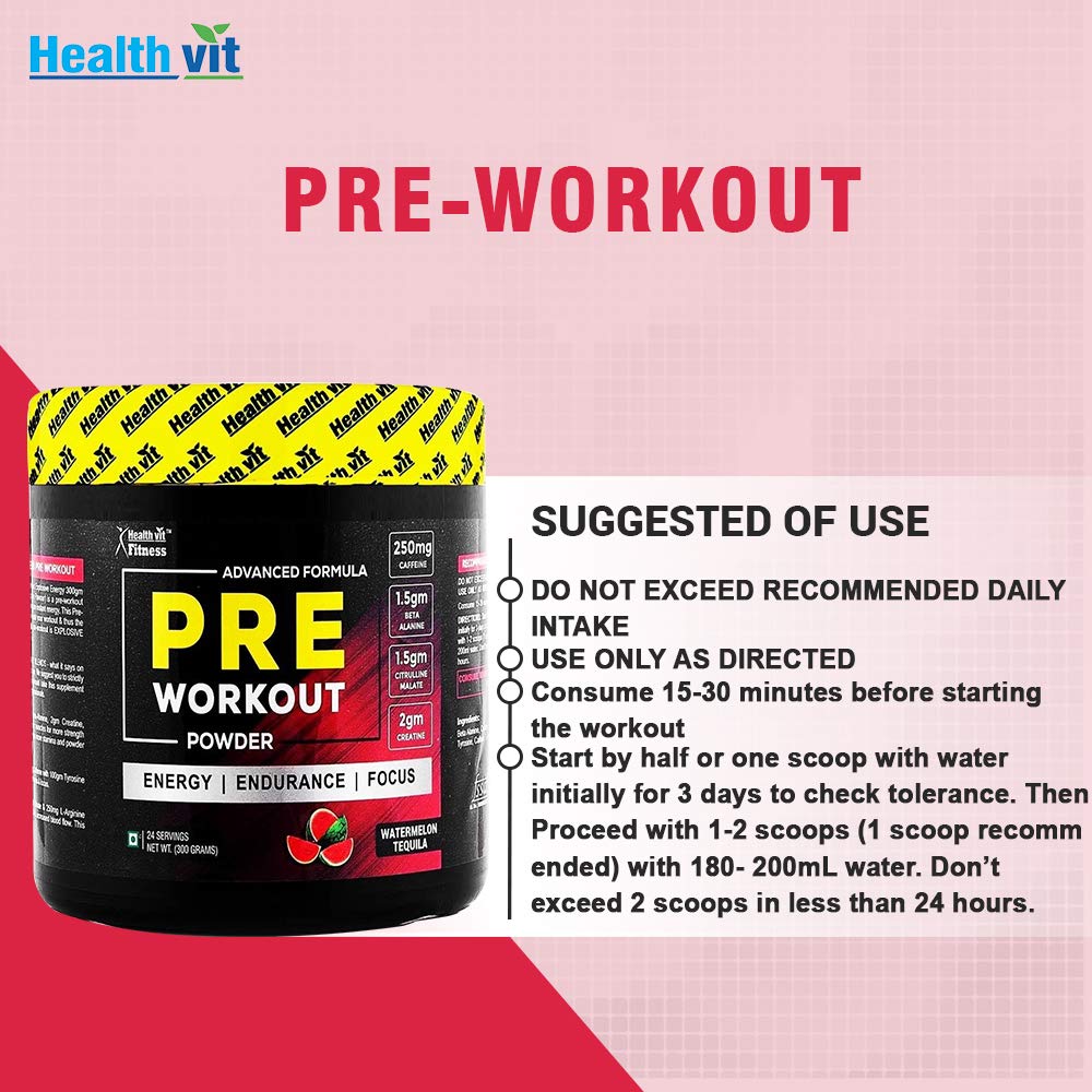 Healthvit Fitness Pre-Workout Explosive Energy 300gm Powder Watermelon Tequila Flavour