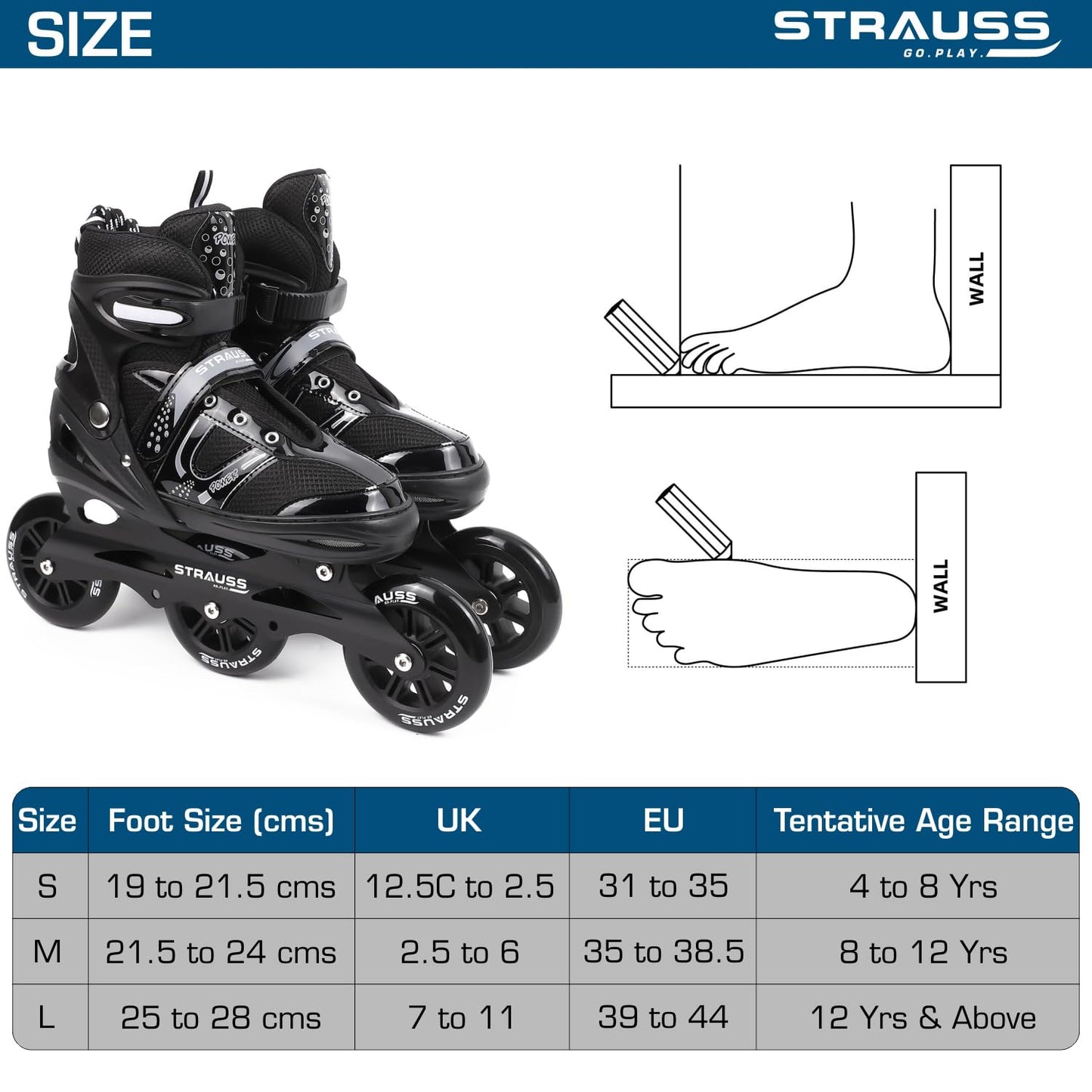 STRAUSS Trinity Adjustable Inline Skates for Boys & Girls, Beginner-Friendly, 3 Wheels, Enhanced Stability, Size M, Black