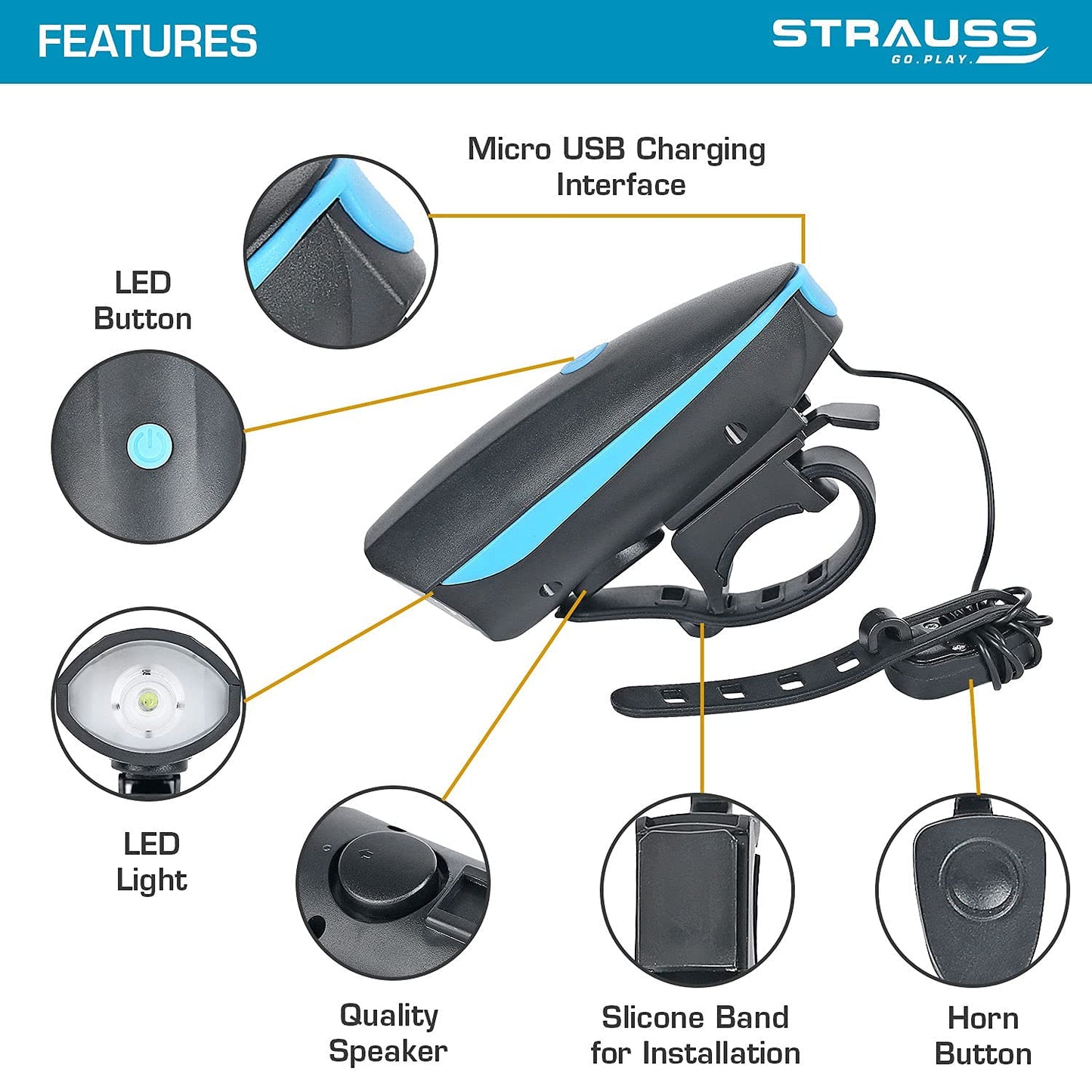 Strauss Bicycle LED Headlight with Horn, Rechargeable, Adjustable, 2-in-1 Device, Blue