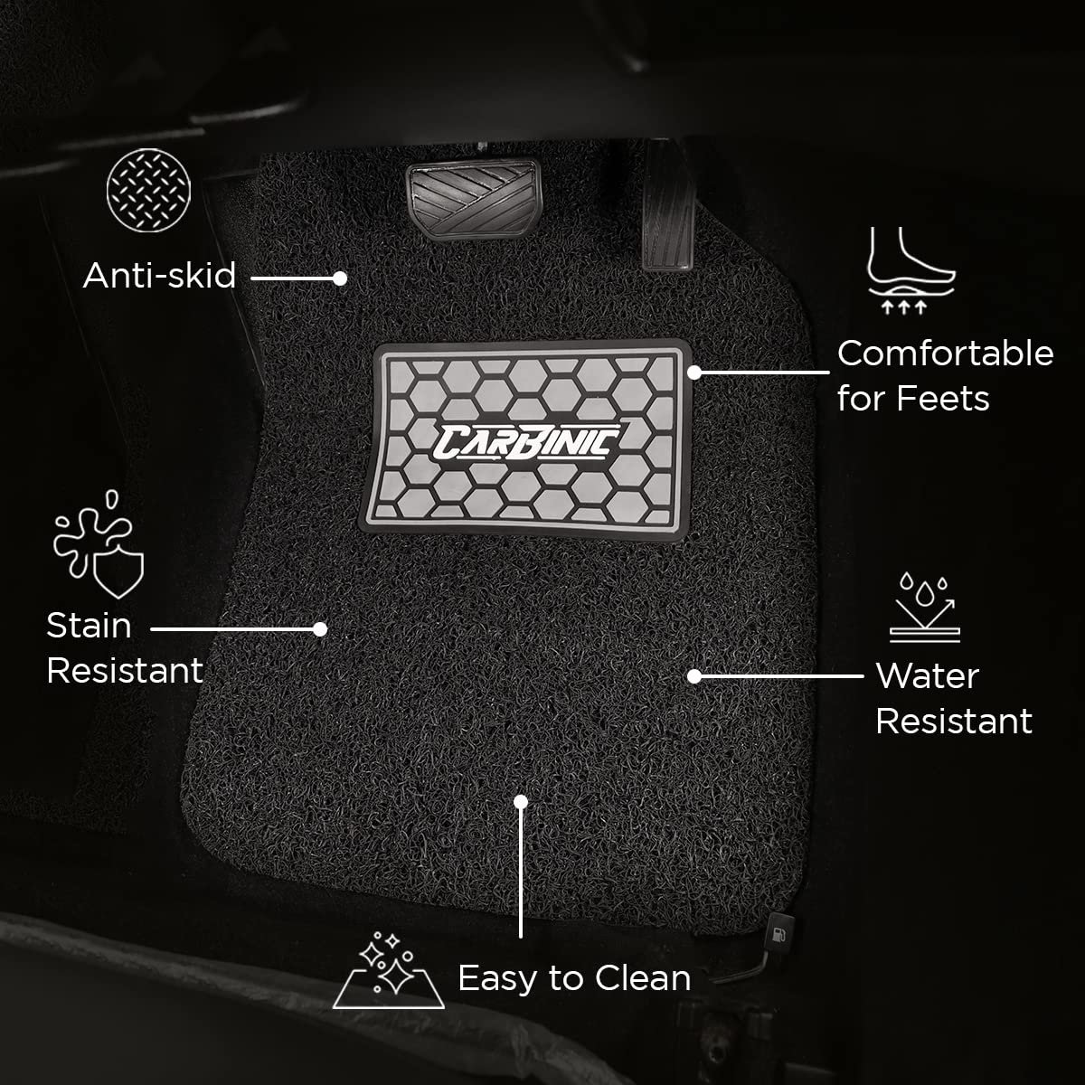 CarBinic Anti-Skid Car Foot Mat - Universal Fit, Premium Vinyl Rubber, Dust & Liquid Trapping, Heel Pad, Beige Brown Black