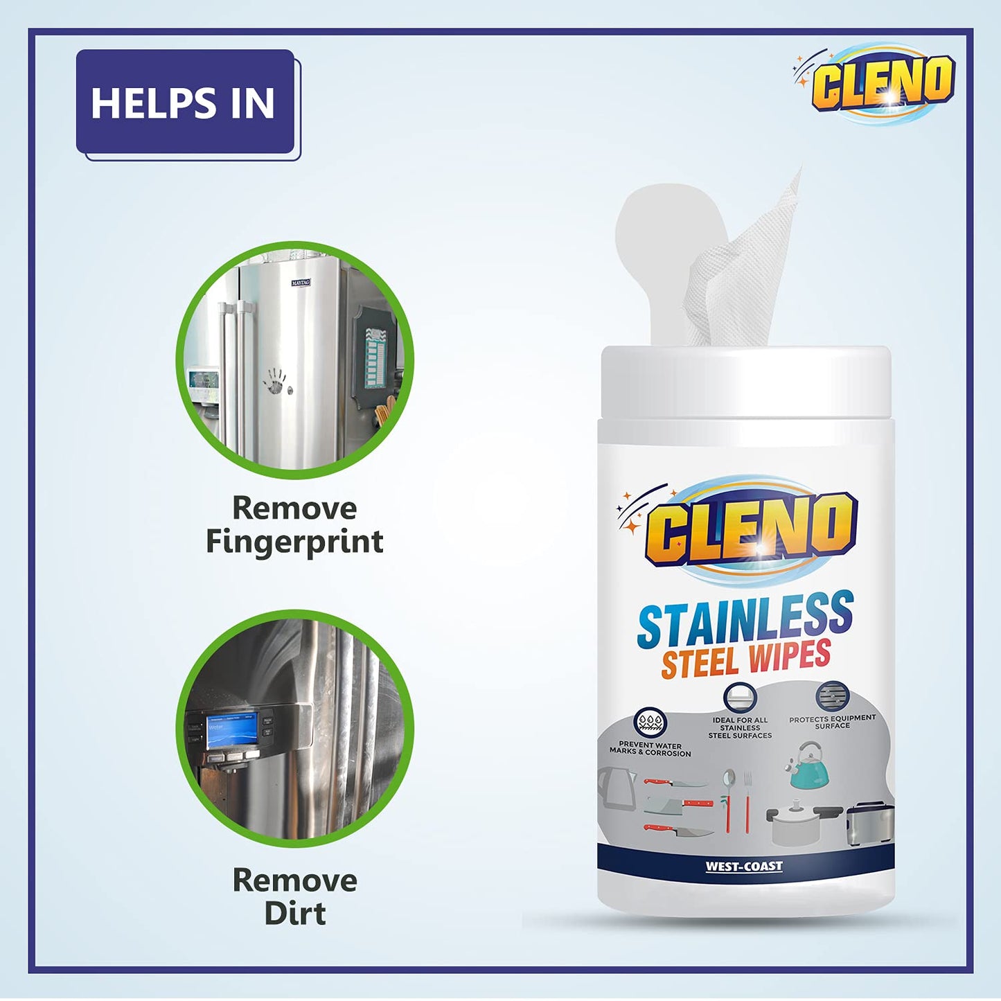 Cleno Stainless Steel Wet Wipes: Cleans, Shines, Protects Cookers, Stove, Sink, Range-Hood, Trash Cans, Fridge, Microwave, Dishwashers, Grills - 50 Wipes