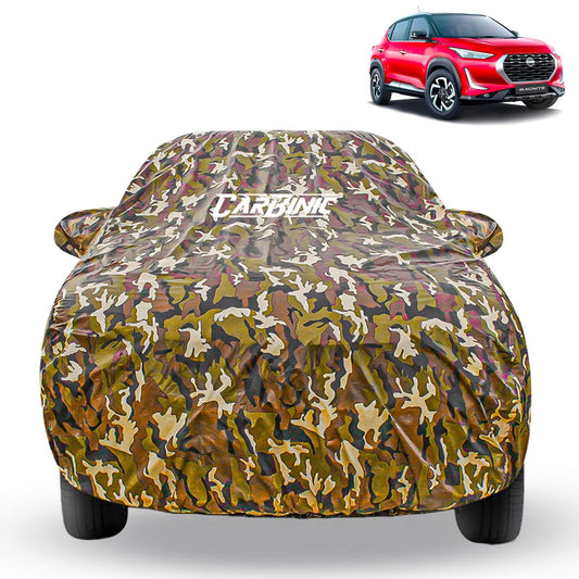 CARBINIC Car Cover for Nissan Magnite 2022 Waterproof Tested and Dustproof Custom Fit UV Heat Resistant Outdoor Protection with Triple Stitched Fully Elastic Surface  Jungle with Pockets Jungle