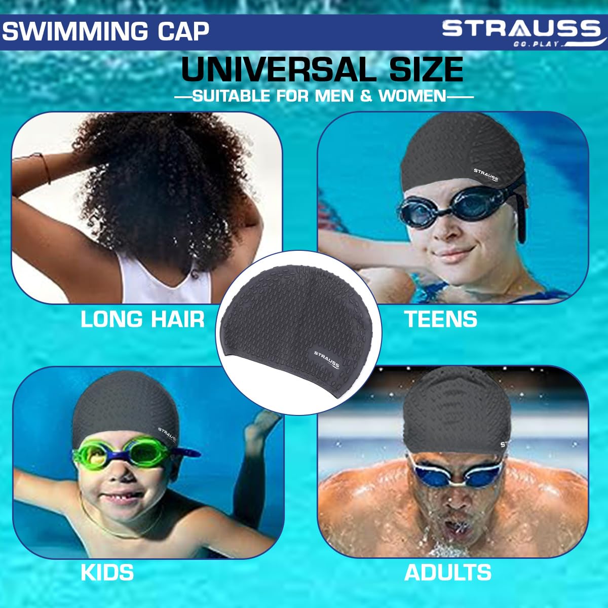 Strauss Swim Cap: Keeps hair clean, ear protector, breathable, waterproof, for kids, boys, girls, long/short hair, black.