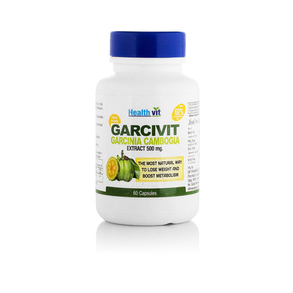 Healthvit Garcinia Cambogia Capsules  Natural Weight Loss Supplement  500 mg Extract  Supports Metabolism  Energy  Supports Appetite Control  Reduce Fat Storage - 60 Capsules