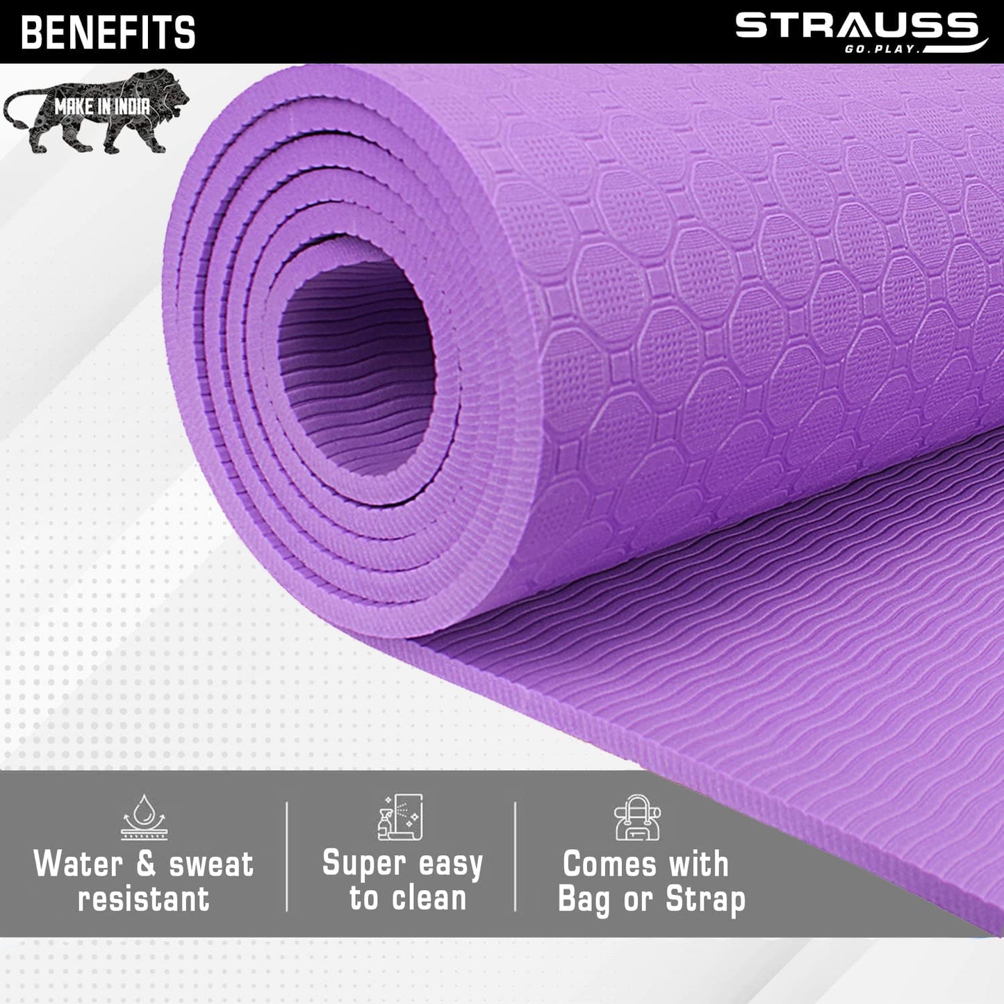 STRAUSS TPE Dual Layer Yoga Mat, 6MM, Purple. Lightweight, Eco-Friendly, Ideal for Home Gym, Yoga, Pilates. Includes Carry Bag.