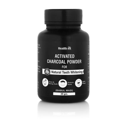 Healthvit Activated Charcoal Powder for Teeth Whitening, Bad Breath Remover, Enamel Safe, Oral Hygiene, Healthy Gums - 20gm