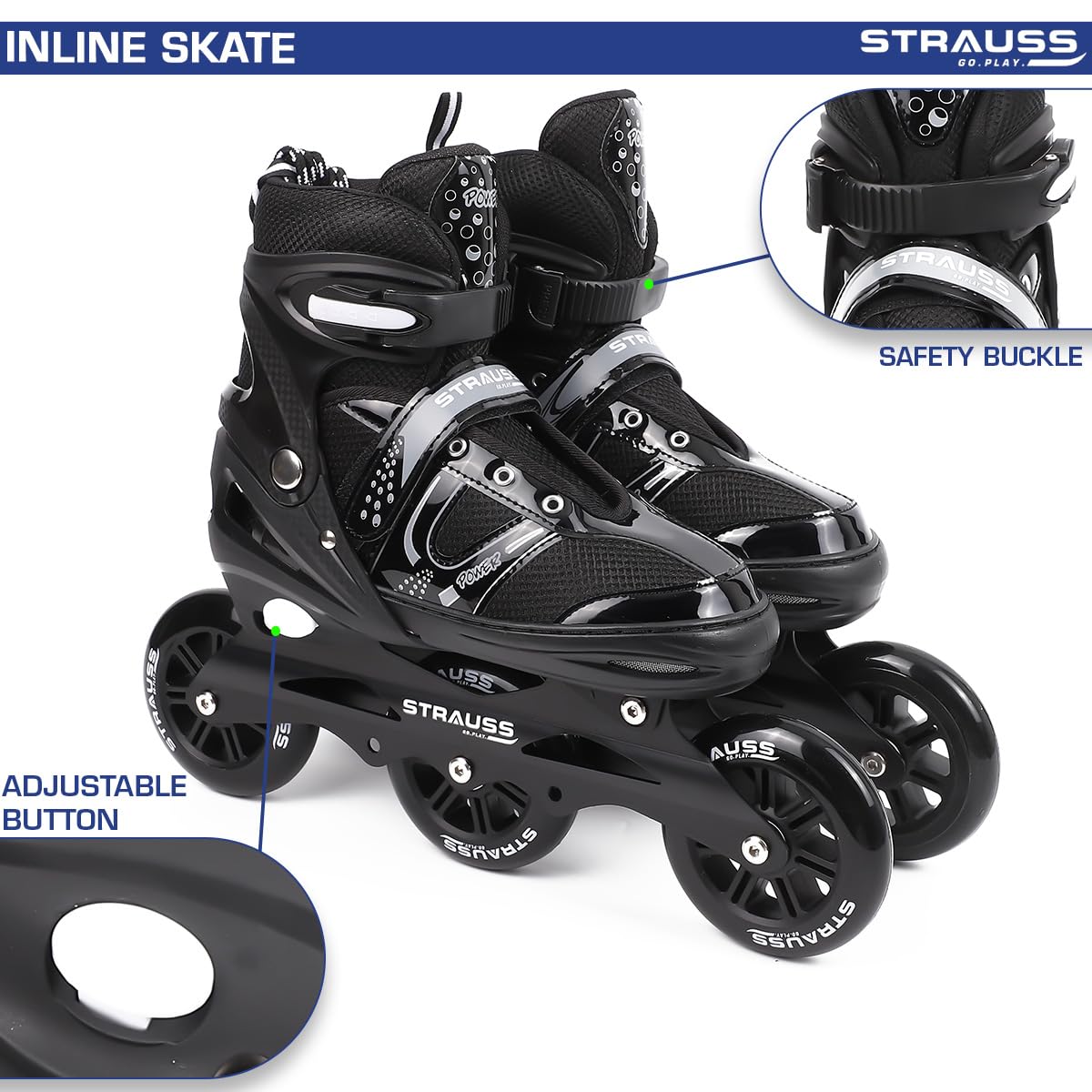 STRAUSS Trinity Adjustable Inline Skates for Boys & Girls, Beginner-Friendly, 3 Wheels, Enhanced Stability, Size M, Black