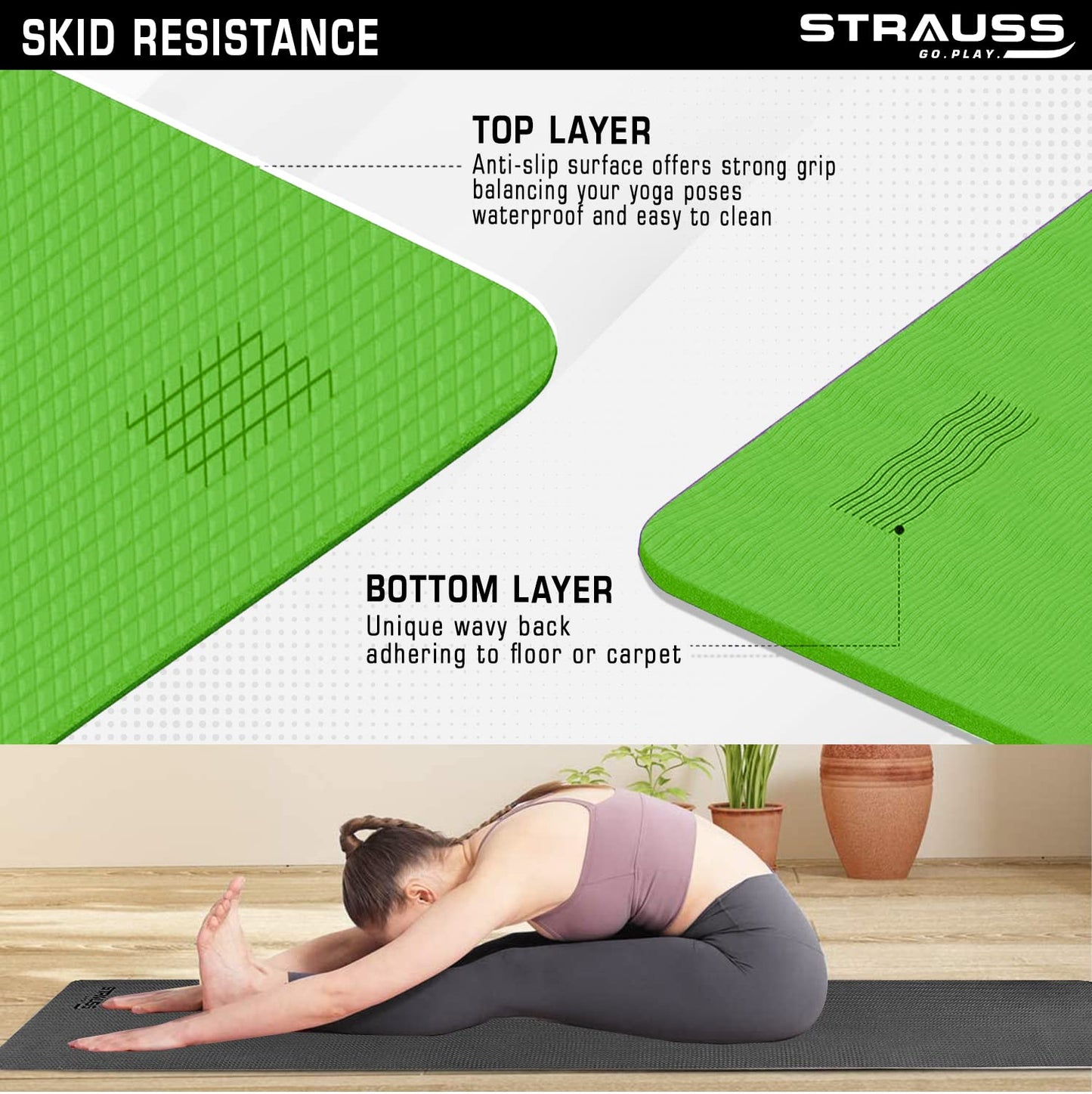 Strauss Anti Skid EVA Yoga Mat with Carry Strap 6mm Green