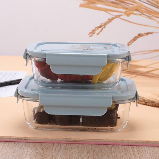 The Better Home Food Container, 2 Pcs, 1040ml & 680ml, Blue Borosilicate Glass, Airtight Lid, Microwave Safe, Kitchen Storage, Lunch Box.