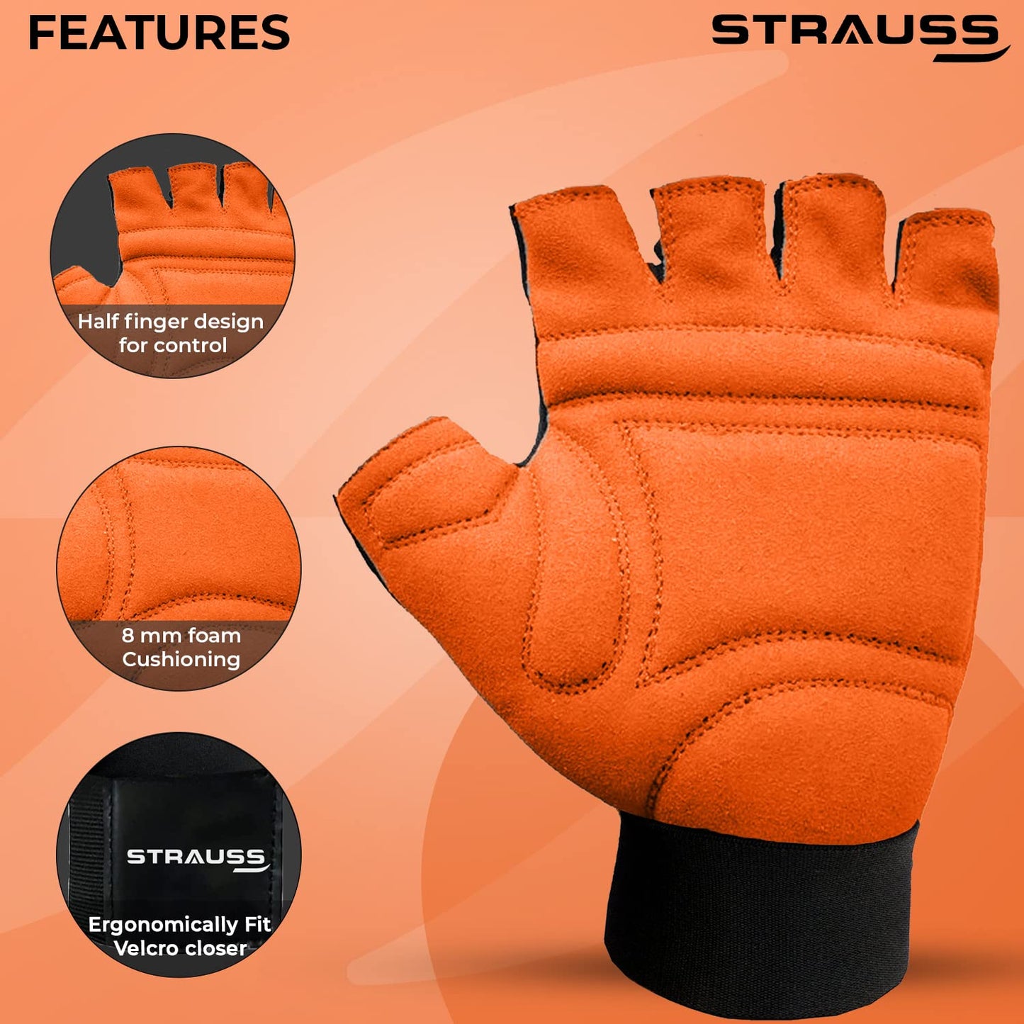 STRAUSS Suede Gym Gloves: Weightlifting, Training, Cycling, Exercise. Half Finger, 8mm Foam Cushion, Anti-Slip, Breathable Lycra, Black, Small.