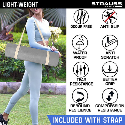 Strauss Anti Skid EVA Yoga Mat with Carry Strap 6mm Grey