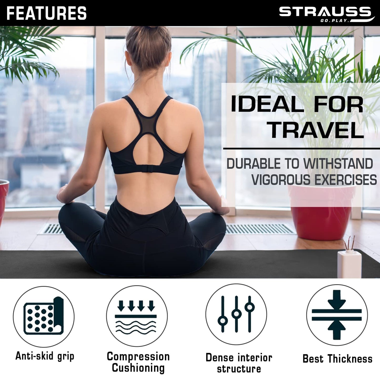 Strauss Anti Skid TPE Yoga Mat with Carry Strap 6mm Black