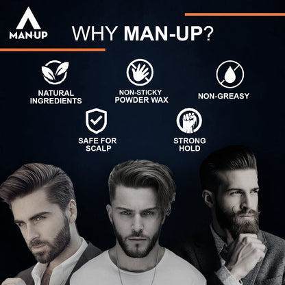 Man-Up Hair Volumizing Powder Wax for Men, Strong Hold, Matte Finish, All Natural, 10gm Pack of 100.