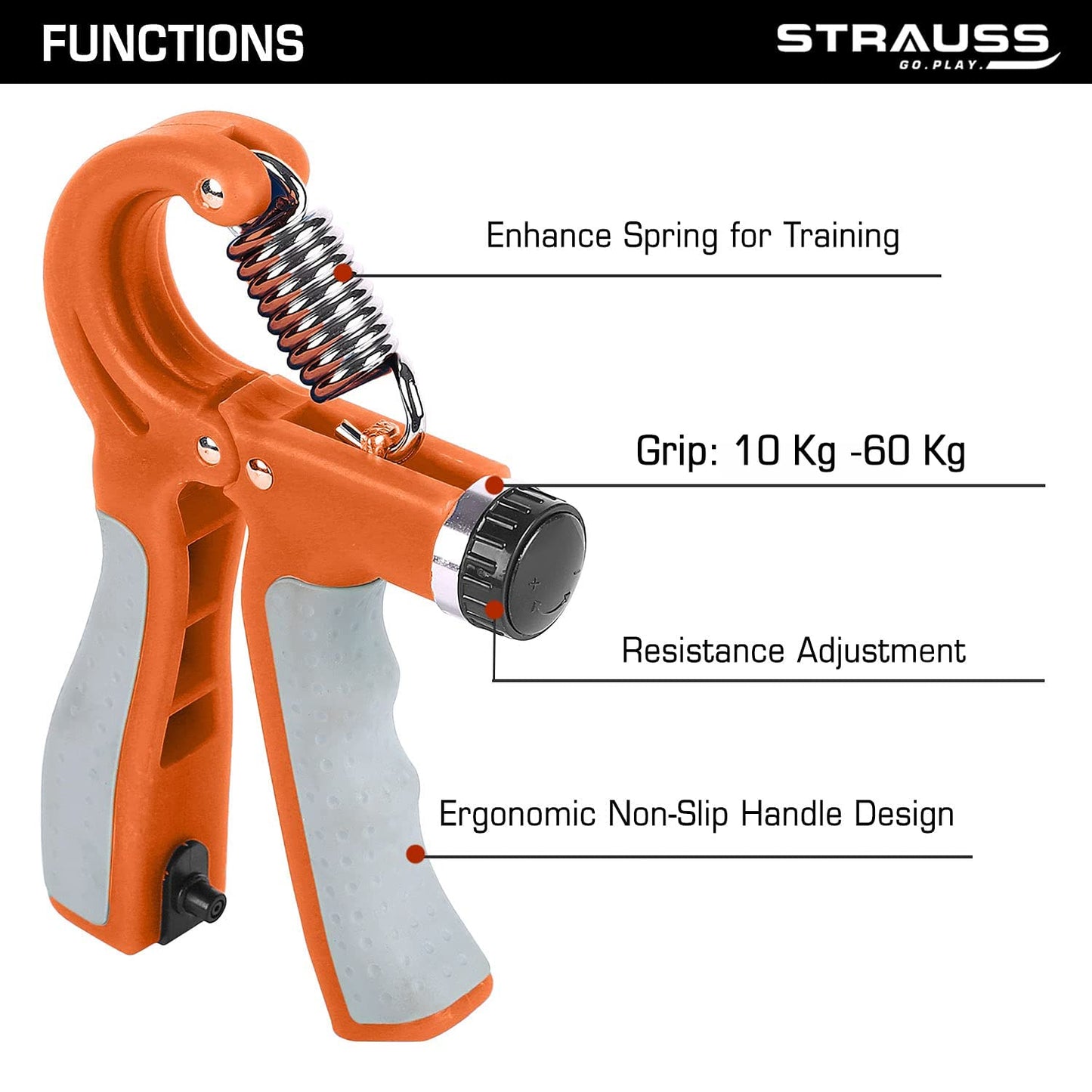 Strauss Adjustable Hand Grip with Counter, 10KG-60KG Resistance, Ideal for Forearm Exercises & Strength Building for Men & Women, Orange