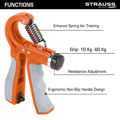 Strauss Adjustable Hand Grip with Counter, 10KG-60KG Resistance, Ideal for Forearm Exercises & Strength Building for Men & Women, Orange