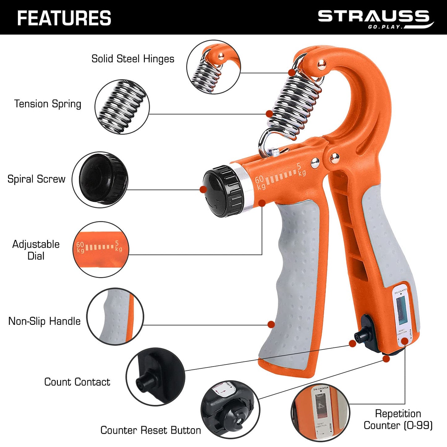 Strauss Adjustable Hand Grip with Counter, 10KG-60KG Resistance, Ideal for Forearm Exercises & Strength Building for Men & Women, Orange