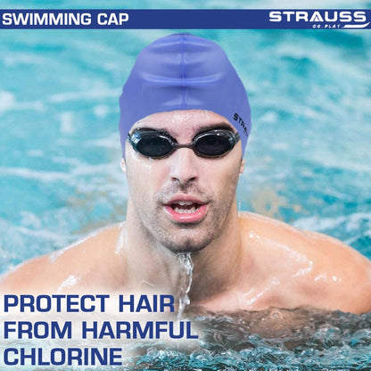 Strauss Waterproof Swim Cap with Ear Protector for Long/Short Hair, Breathable Fabric, for Adult Women and Men, Blue.