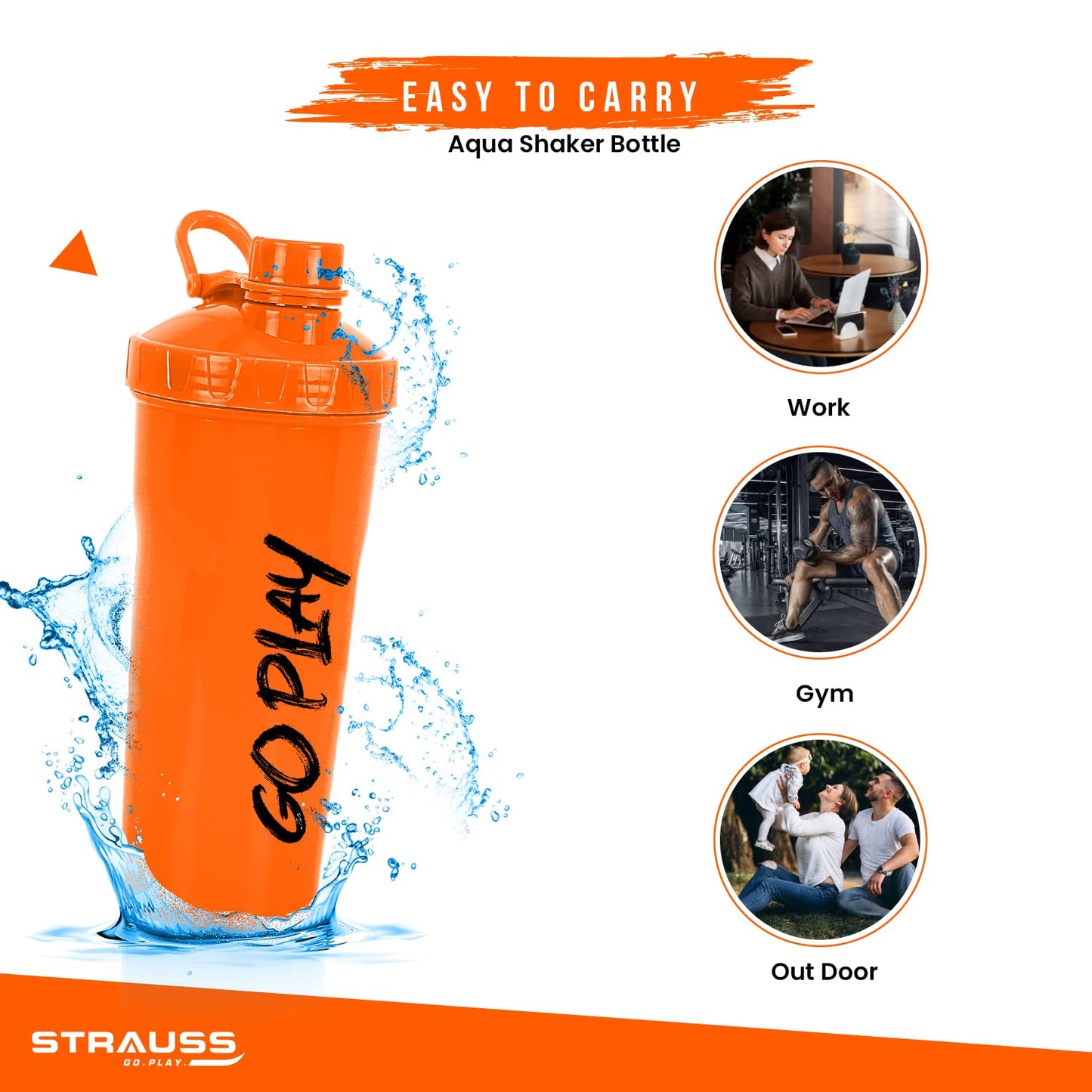 STRAUSS Aqua Shaker Bottle  100 BPA- Free  Leakproof Shaker for Protein Shake  Ideal Pre- Post Workout Shake For Both Men and Women  700mlOrange