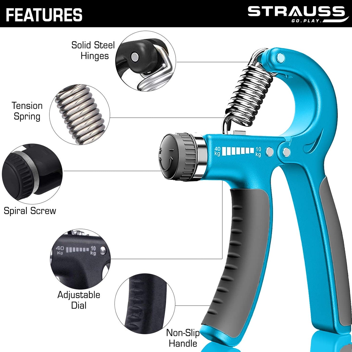 Strauss Adjustable Hand Grip 10KG-40KG for Home Gym Workouts, Perfect for Finger, Forearm, Hand Exercises, Strength Building for Men & Women.