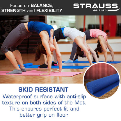 STRAUSS 8mm Blue Yoga Mat with Carry Bag, Non-Slip, Lightweight, Durable, Eco-friendly for Home Gym, Yoga, Pilates