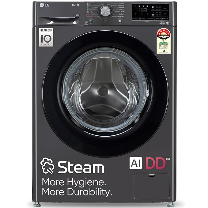 LG 8Kg 5 Star AI Direct Drive Front Load Washing Machine, Steam, 6 Motion DD, Allergy Care, Middle Black