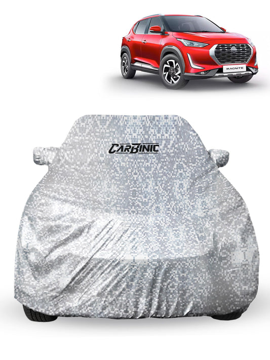 CARBINIC Car Cover for Nissan Magnite2022 Waterproof Tested and Dustproof Custom Fit UV Heat Resistant Outdoor Protection with Triple Stitched Fully Elastic Surface  Silver with Pockets