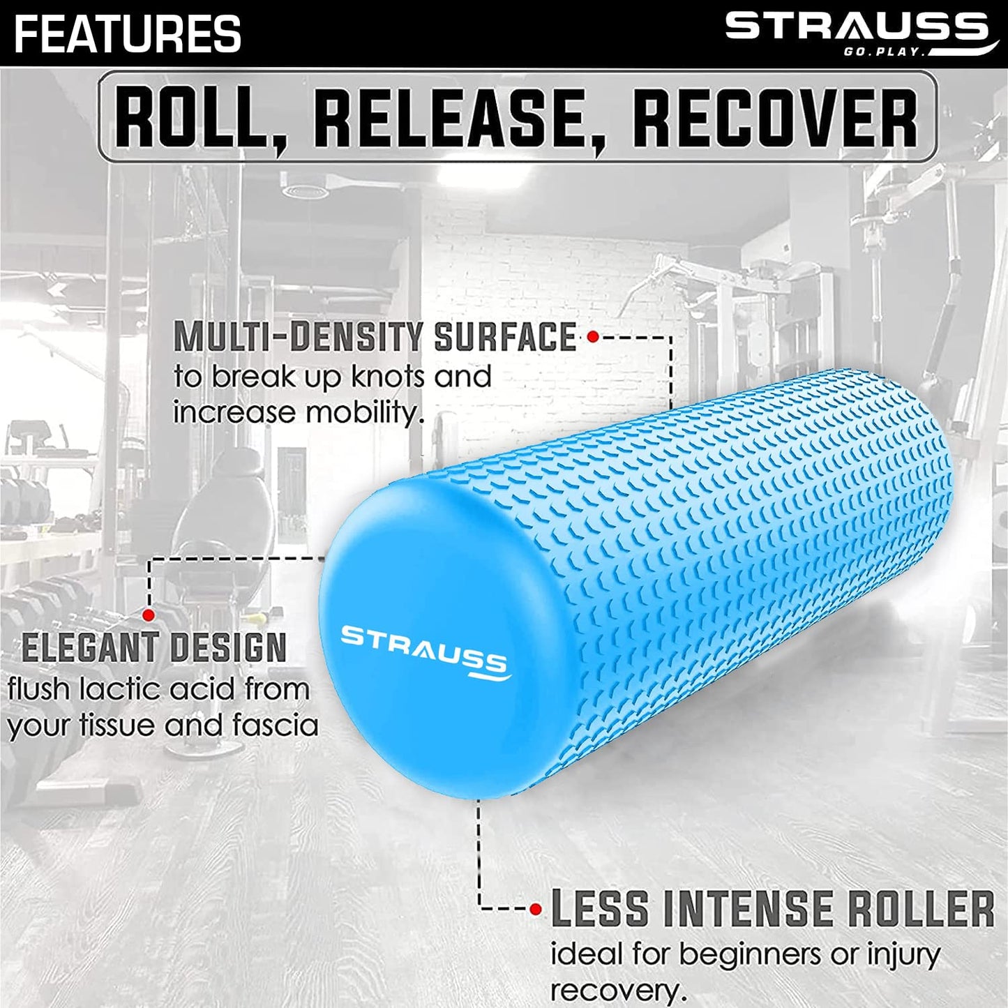 Strauss Yoga Foam Roller for Deep Tissue Massage, Muscle Recovery, Physiotherapy, Home Gym, Full Body Relaxation & Flexibility, 30cm, Sky Blue