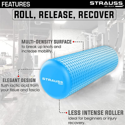 Strauss Yoga Foam Roller, 45cm, Sky Blue: Deep Tissue Massage, Knee Exercise, Muscle Recovery, Physiotherapy, Home Gym, Full Body Relaxation.