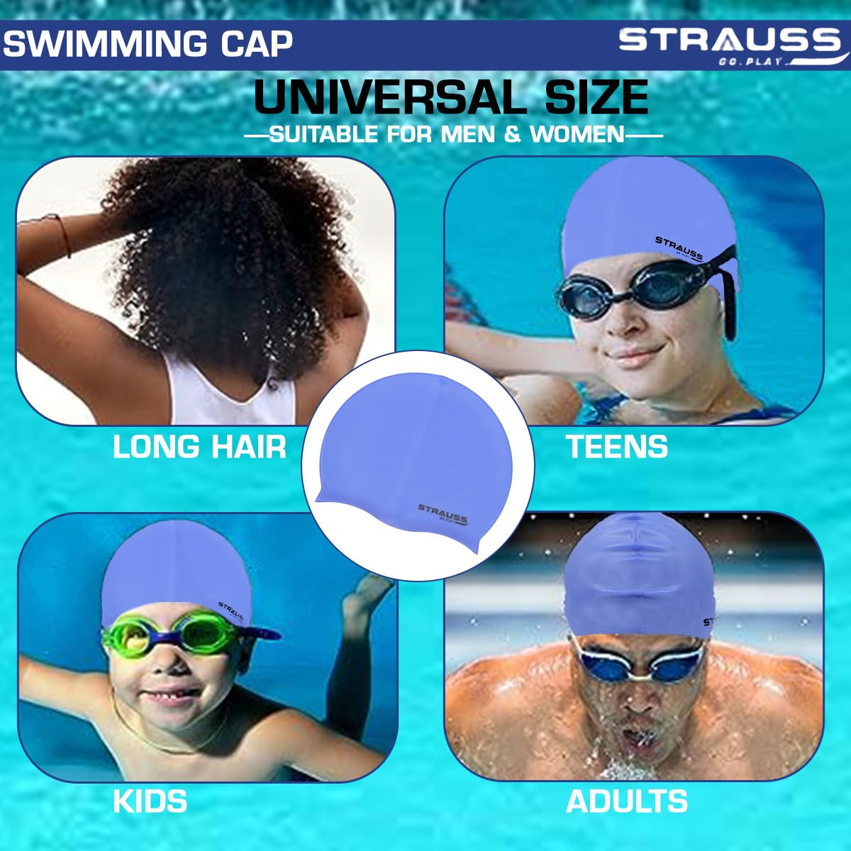 Strauss Waterproof Swim Cap with Ear Protector for Long/Short Hair, Breathable Fabric, for Adult Women and Men, Blue.