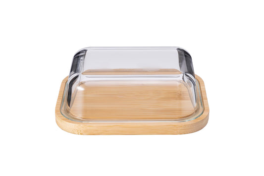 USHA SHRIRAM Borosilicate Glass Wooden Lid Butter Dish  Borsilicate Glass Container for Storage  Microwave Safe  Bamboo Butter Board  Container for Kitchen  Butter Tray Brown