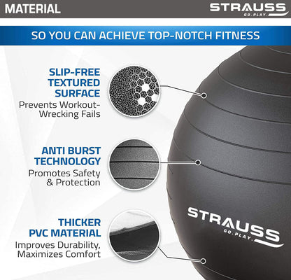 STRAUSS 75cm Anti-Burst Gym Ball with Free Foot Pump for Exercise, Yoga, Pregnancy, Balance, Stability - Black