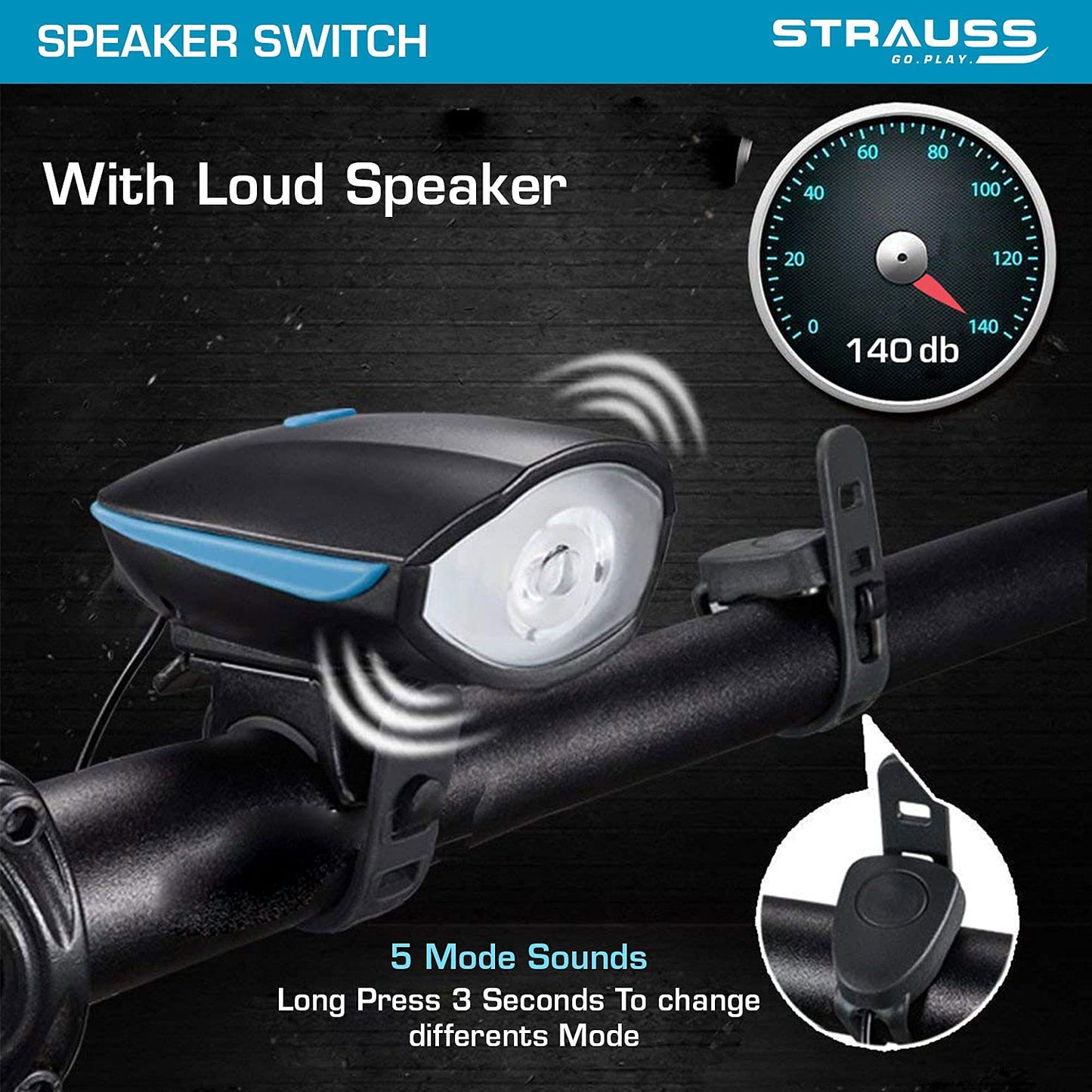 Strauss Bicycle LED Headlight with Horn, Rechargeable, Adjustable, 2-in-1 Device, Blue