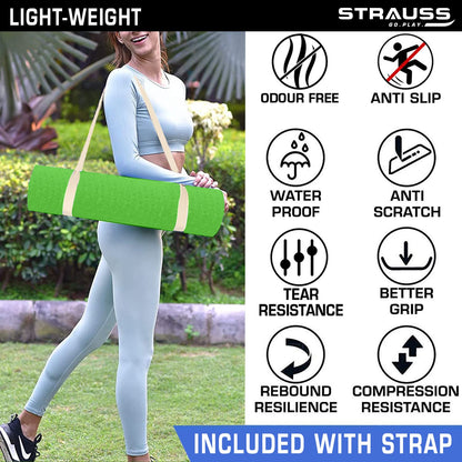 Strauss Anti Skid TPE Yoga Mat with Carry Strap 4mm Green