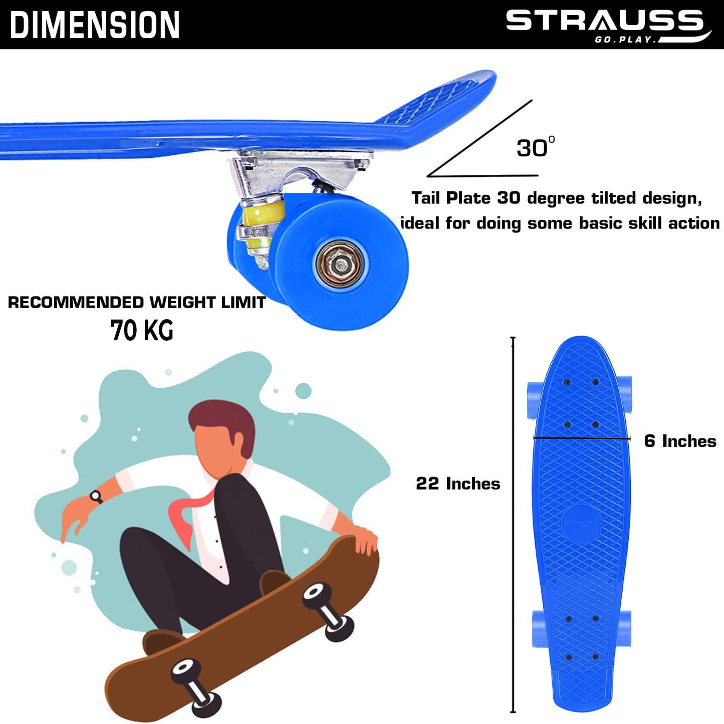 STRAUSS Cruiser PW Skateboard, Anti-Skid, ABEC-7 Bearings, 22x6 Inch, Blue, Ideal for All Skill Levels.