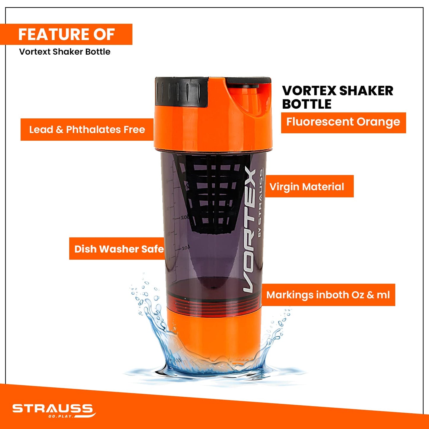 STRAUSS Vortex Shaker Bottle, 500ml, BPA-Free, Leakproof, 2 Storage Compartments, Ideal for Protein Shakes, Pre-Workout, BCAAs, Men & Women, Orange