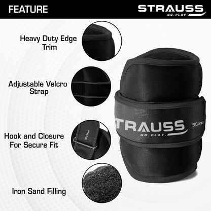 Strauss Ankle Weight-0.5 Kg- Black Pair Round Belt