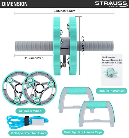 Strauss Ab Roller with Push Up Bar, Resistance Tube, Plank Roller for Core Training, Push-Ups, Pull-Ups, Squats, Glutes, Core Workout, Blue