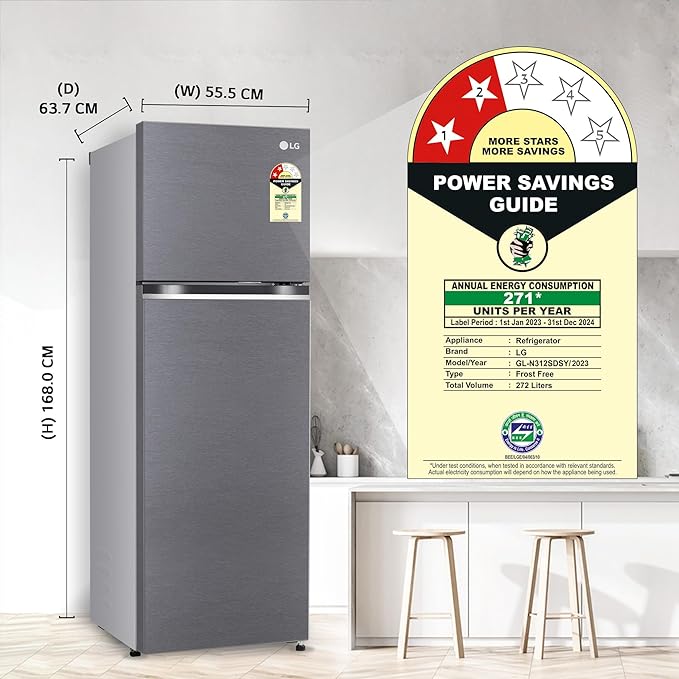 LG 272L 2 Star Smart Inverter Compressor Frost-Free Double Door Refrigerator, Shiny Steel, 5.0/5 stars.