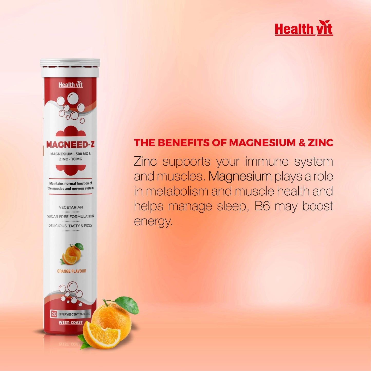 Healthvit Magneed-Z Magnesium 300mg Zinc 10mg for Muscle Health, Stress, Exhaustion. 20 Sugar-Free Effervescent Orange Tablets.