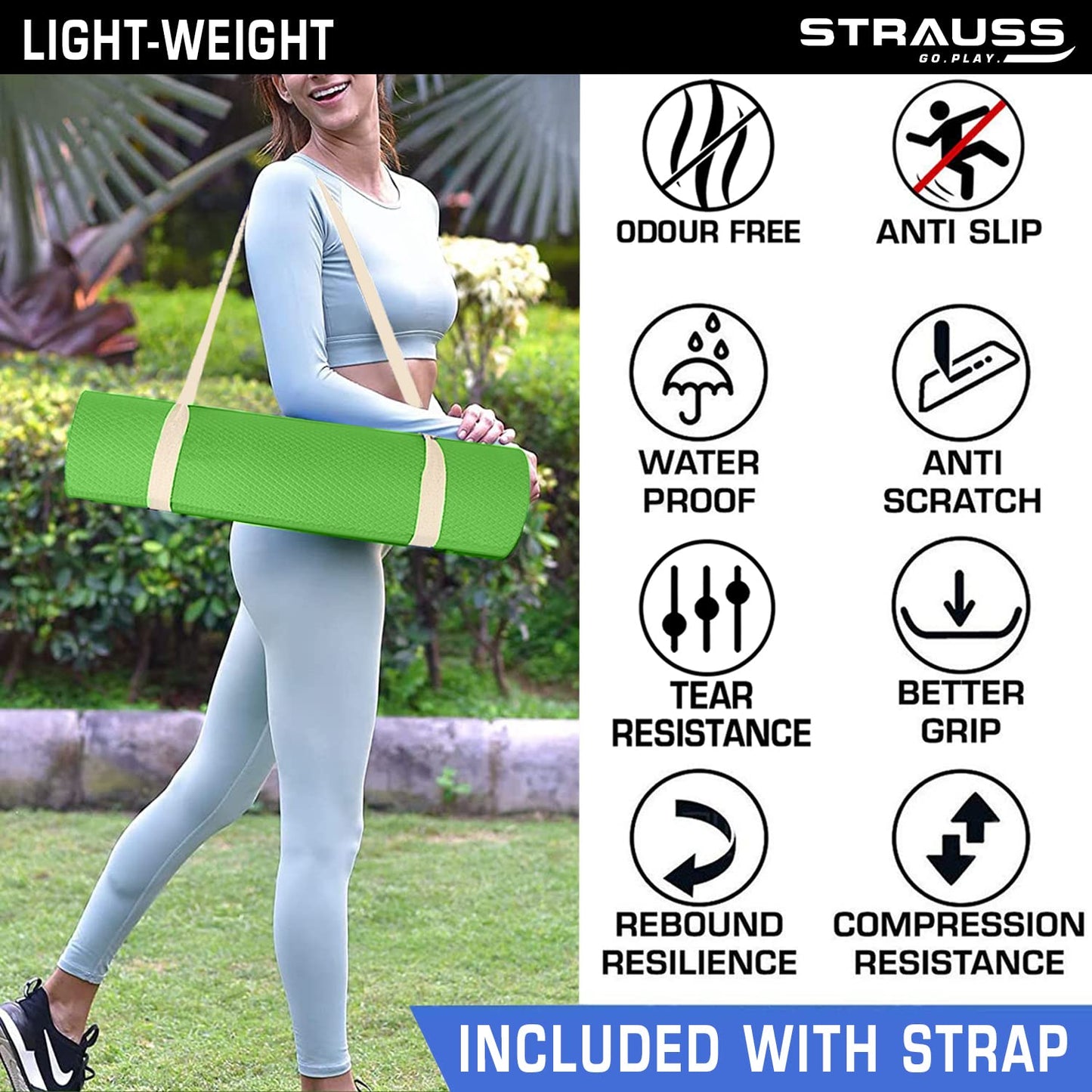 Strauss Anti Skid EVA Yoga Mat with Carry Strap 4mm Green