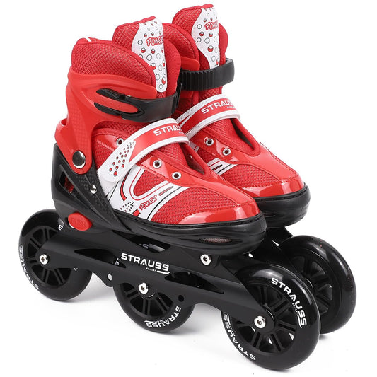 STRAUSS Blaze Adjustable Inline Skates for Boys & Girls, 3 Wheels, Beginner-Friendly, Enhanced Stability, Size M, Red