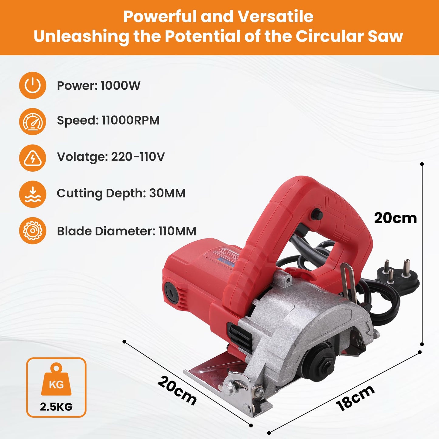 Cheston 1000W Marble Cutter, 110mm, 30mm adjustable cutting, 45