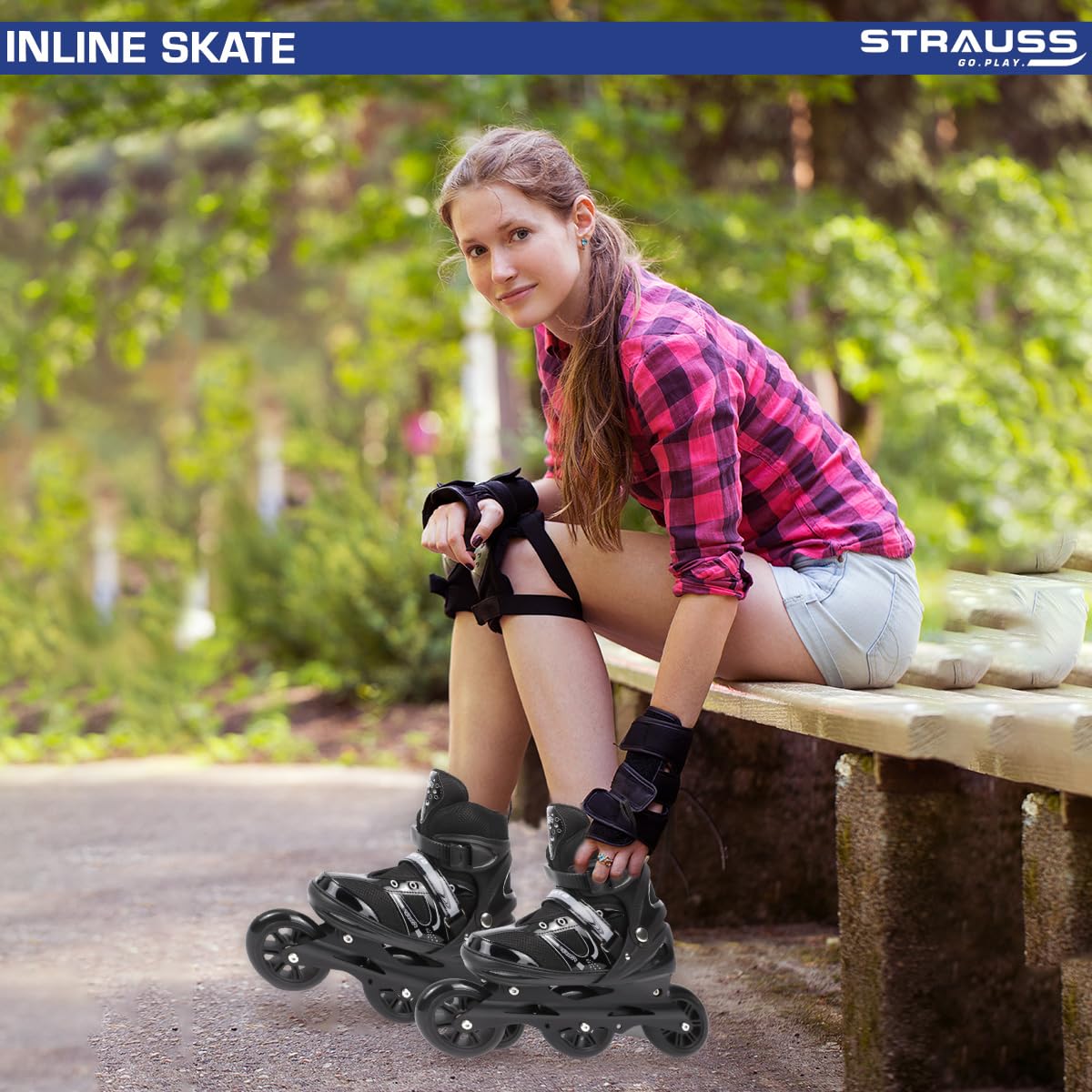 STRAUSS Trinity Adjustable Inline Skates for Boys & Girls, Beginner-Friendly, 3 Wheels, Enhanced Stability, Size M, Black