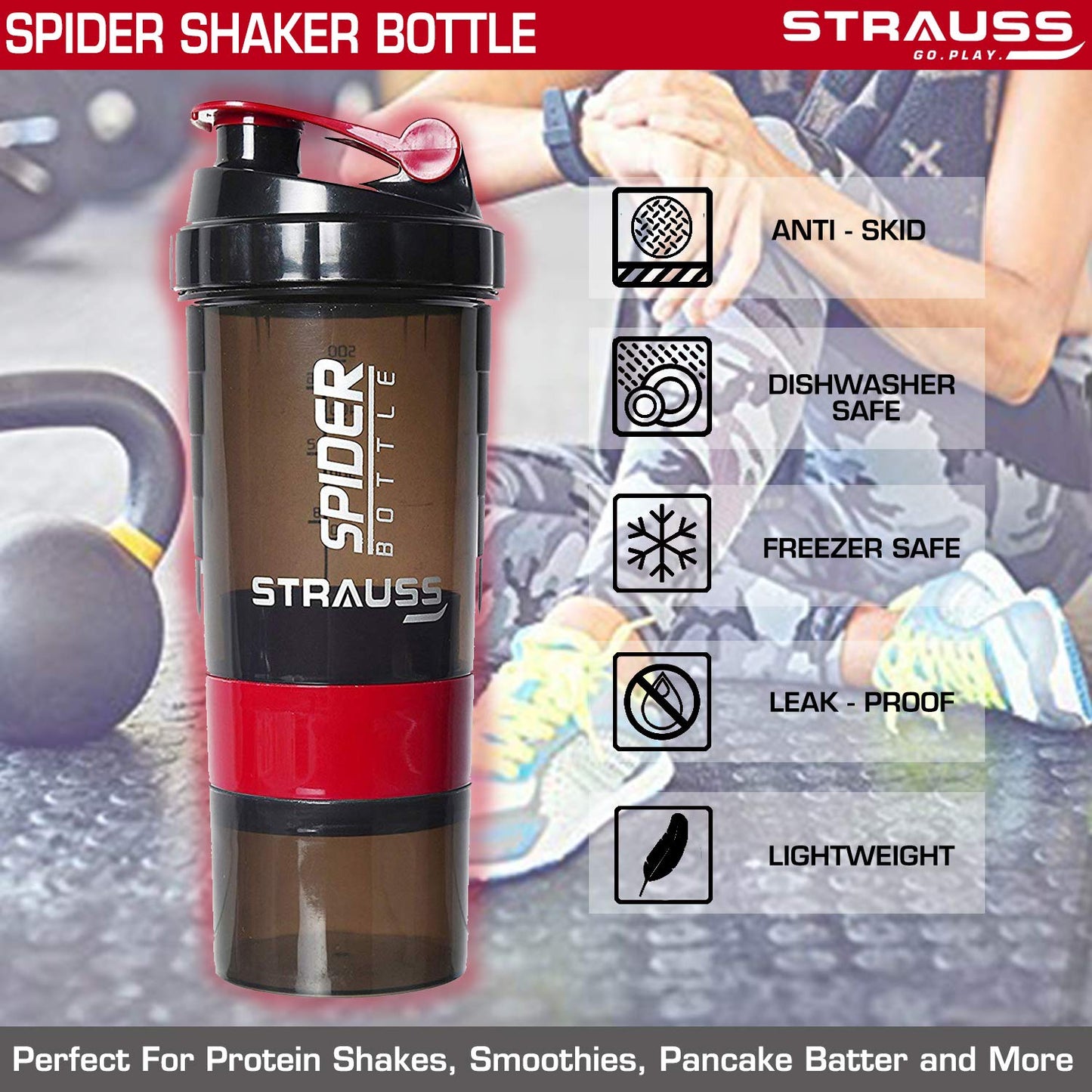 STRAUSS Spider Gym Shaker Bottle, 500ML, 2 Storage Compartments, Leakproof, BPA Free, Red