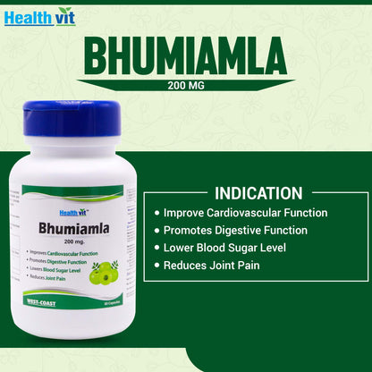 Healthvit Bhumiamla 200mg For Liver Cleanse  Improves Hemoglobin Level And Digestion  Effective In Joint Pain  100 Natural And Vegan  60 Capsules