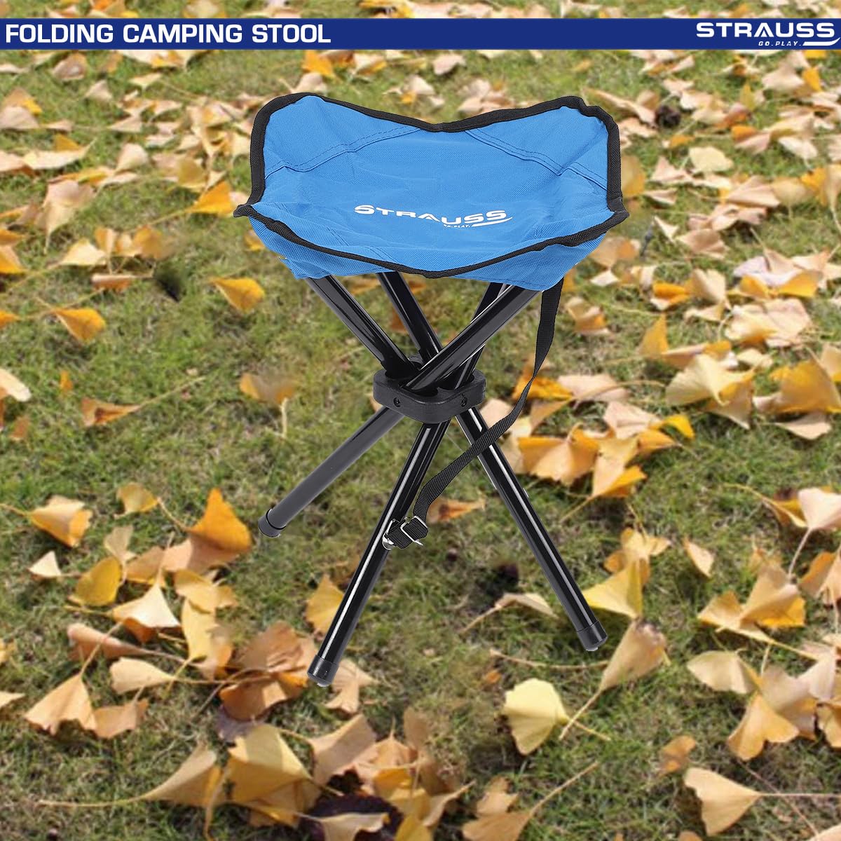 STRAUSS Folding Camping Chair  Portable  Foldable Stool  Portable Chair for Camping Fishing Hiking Gardening and Beach 4 Leg Chair Blue