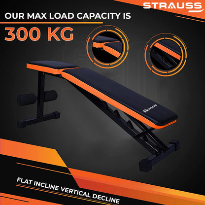 Strauss Adjustable Heavy Duty Gym Bench, 7 Positions, Incline/Decline, Multipurpose, Black/Orange