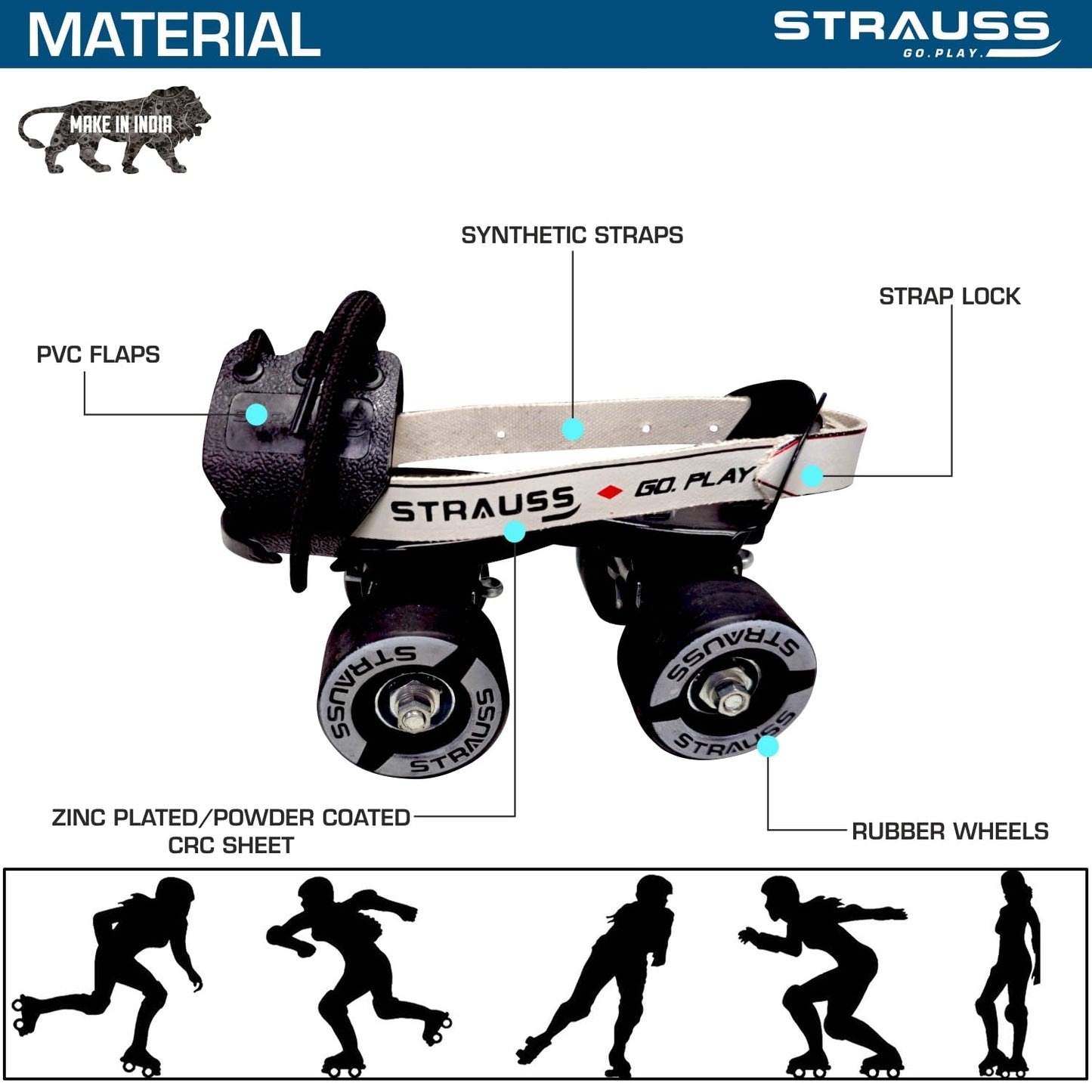 STRAUSS Unisex Senior Tenacity Roller Skates, Adjustable Size, Indoor/Outdoor, for Ages 6+, Weight Capacity 80kg, Black