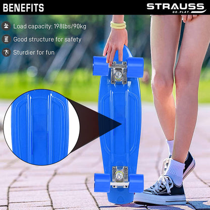 STRAUSS Cruiser PW Skateboard, Anti-Skid, ABEC-7 Bearings, 22x6 Inch, Blue, Ideal for All Skill Levels.