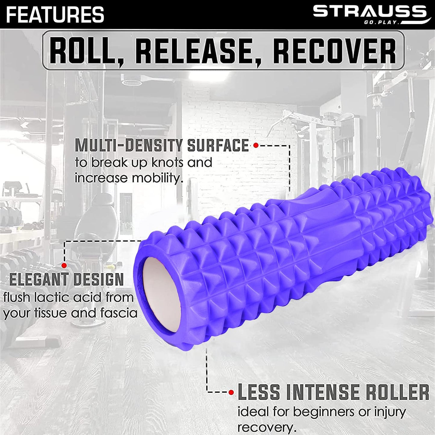 Strauss Grid Foam Roller, Eco-Friendly, Premium Eva Foam, Lightweight, Travel-Friendly, Relieves Muscle Tightness, Soreness, Inflammation, 45 CM, Purple